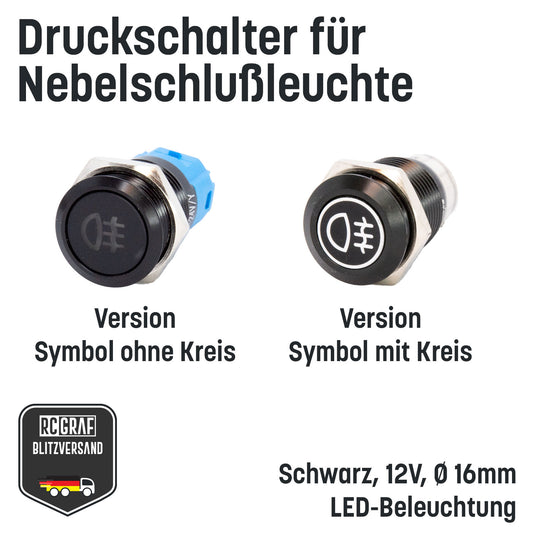 Druckschalter für Nebelschlußleuchte 16mm Schwarz LED 12V IP65 Nebellampe